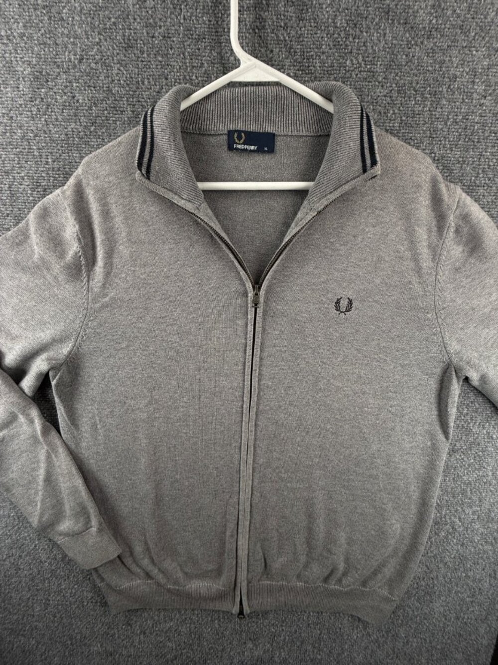Fred Perry XL Full Zip Gray Sweater Men Cotton Embroidered Logo Knit Preppy